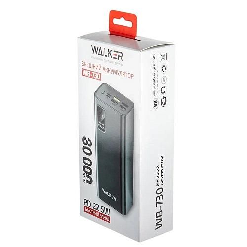 Аккумулятор внешний 30000mA WALKER WB-730 (4USB выхода 3A/Вход MicroUSB, Вход Type-C, QC 3.0+PD) черный