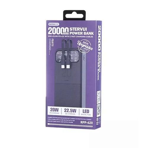 Аккумулятор внешний 20000mA REMAX Stervui RPP-620 (USB выход 2,1A, USB-C, QC 3.0, PD 20W+22.5W) черный