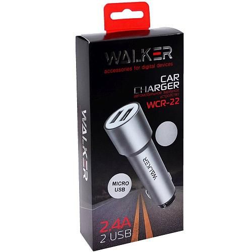 АЗУ micro USB 2,4A (2USB, провод разъемный) WALKER WCR-22 серебро