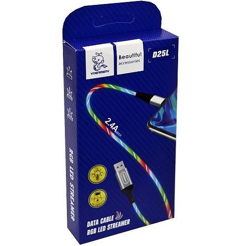Кабель USB - Lightning 8-pin DENMEN D25L светящийся серебро (1м)/max 2,4A/