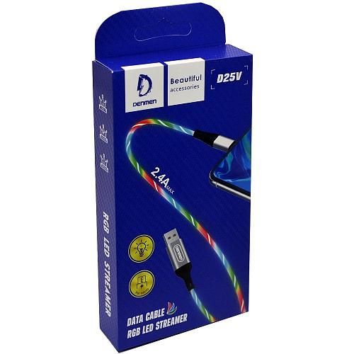 Кабель USB - micro USB DENMEN D25V светящийся серебро (1м)/max 2,4A/